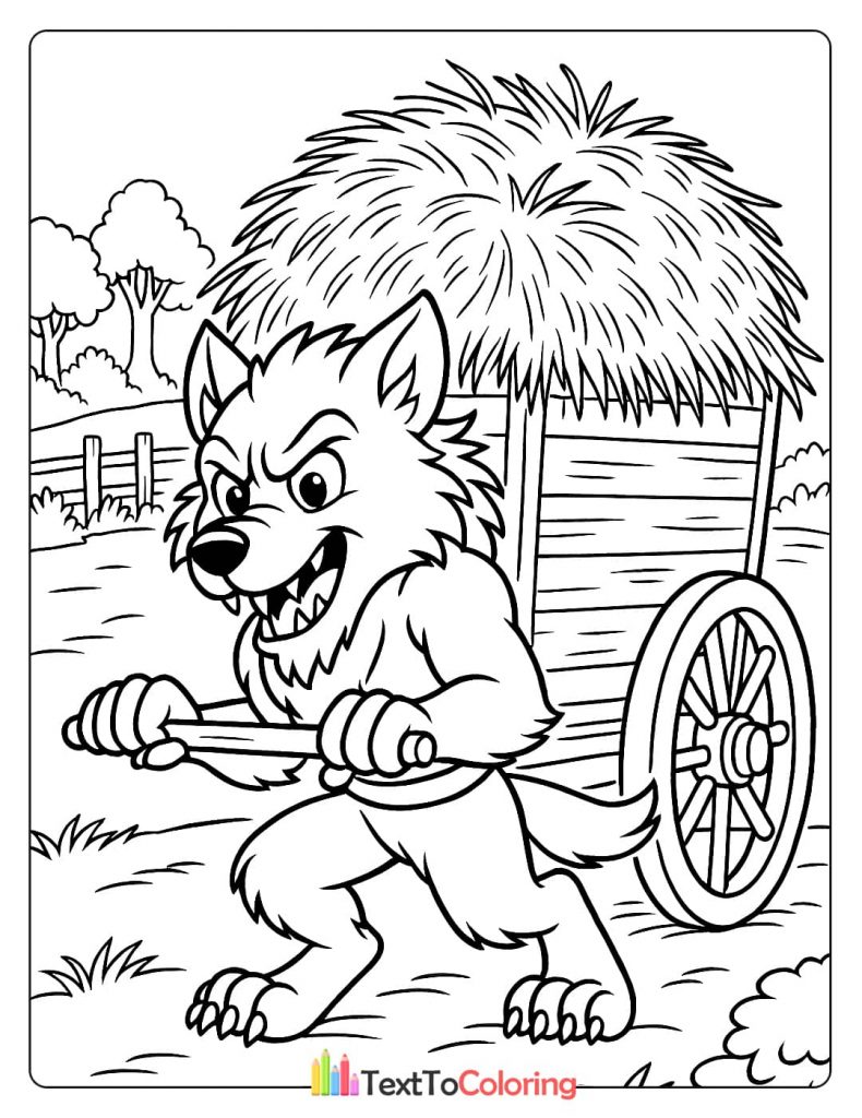 A werewolf pulling a hay cart with a determined expression on a farm.