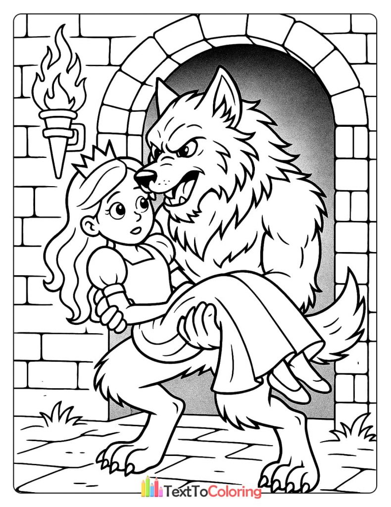 A brave werewolf carrying a princess in its arms, emerging from a castle archway.
