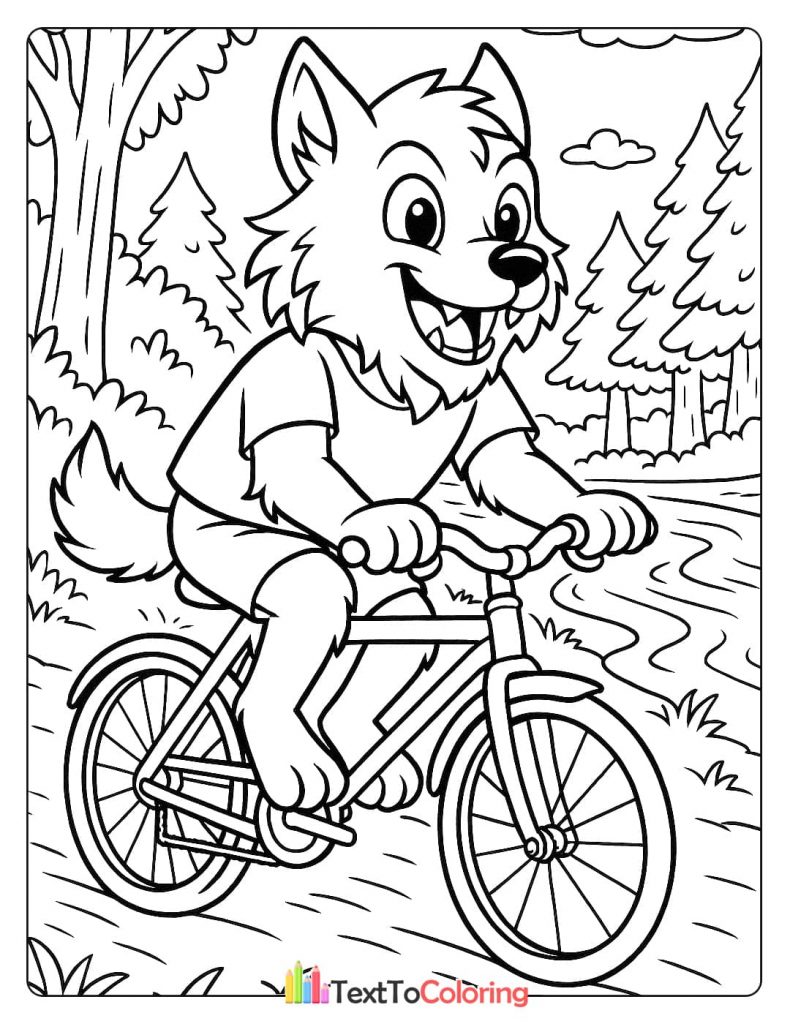 A friendly werewolf on a bicycle, riding through a forest.
