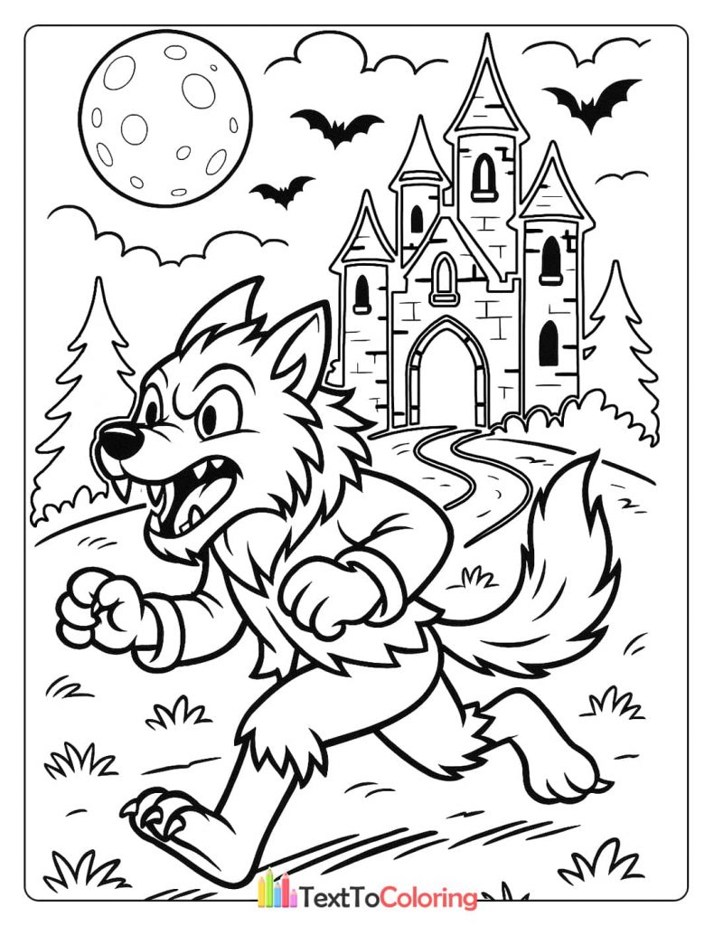A fast-running werewolf on a path leading away from a castle under a full moon.