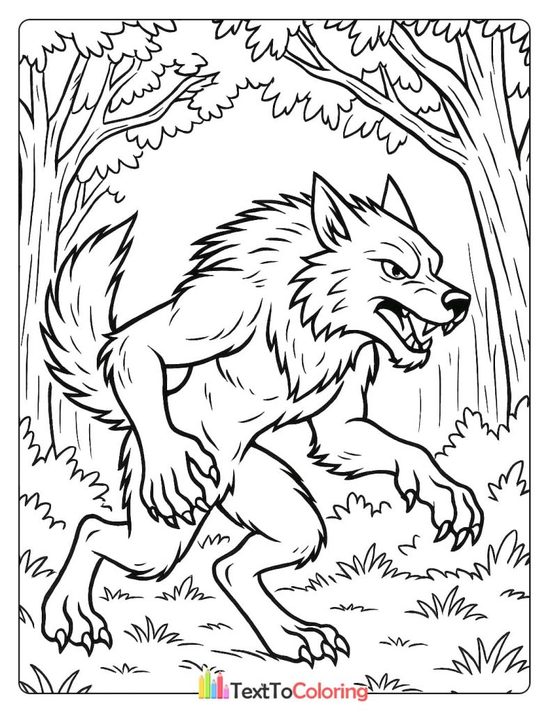 A fearsome werewolf on all fours, running through a forest.