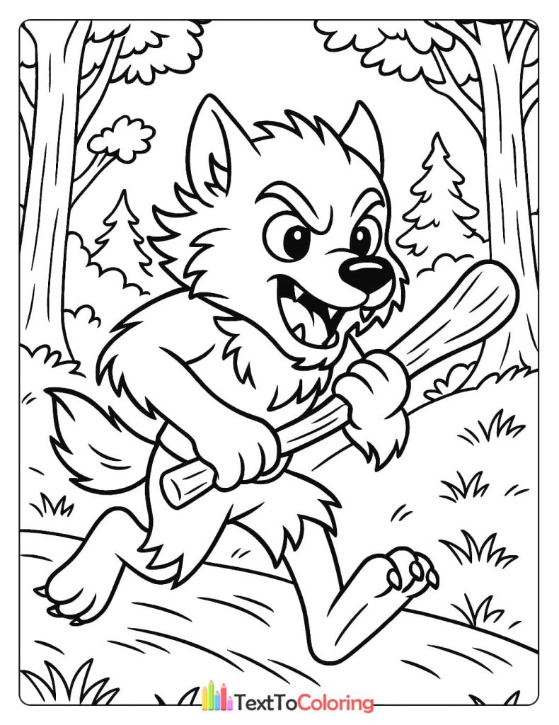 A happy werewolf holding a wooden stick, running through the forest.