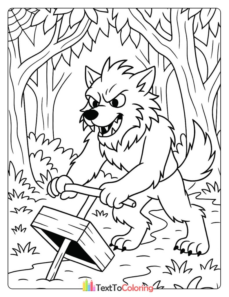 A werewolf setting up a wooden trap in the forest with a grin on its face.