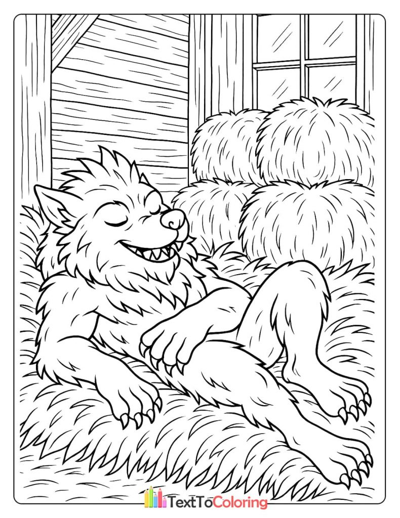A werewolf happily sleeping on a pile of hay inside a barn.