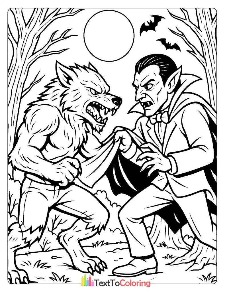 A werewolf and a vampire in a confrontation, with bats flying in the background.