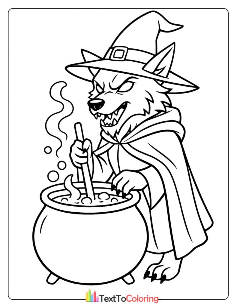 A werewolf dressed as a witch, stirring a bubbling cauldron.