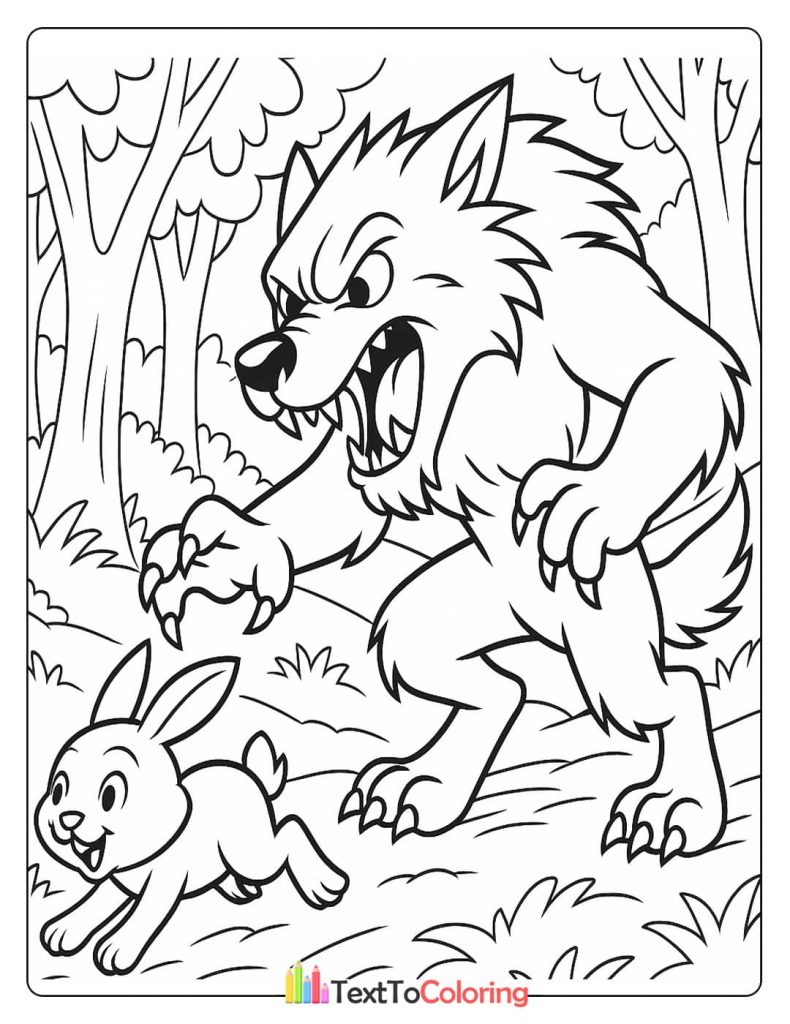 A scary werewolf chasing a small, fast rabbit through the forest.