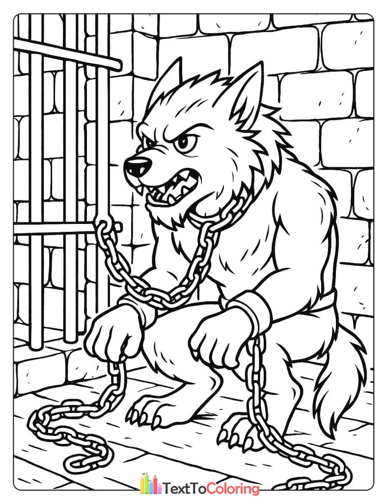An angry werewolf in a dungeon, bound by heavy chains.