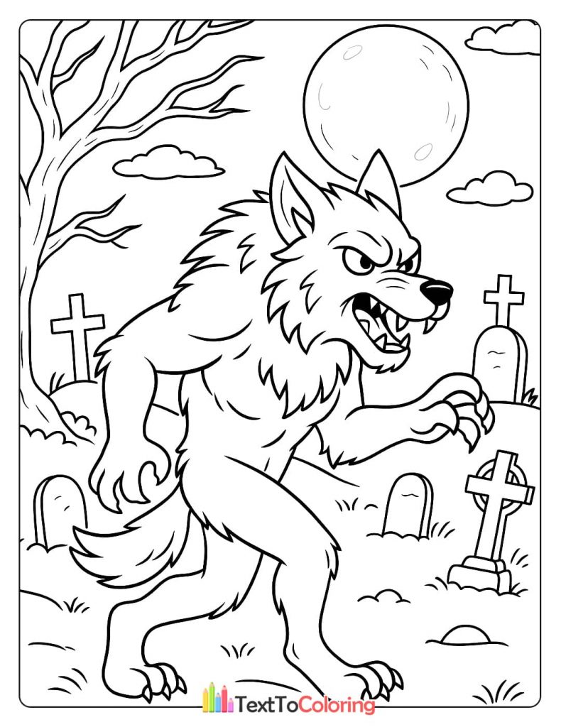 An angry werewolf snarling and walking through a spooky graveyard at night.