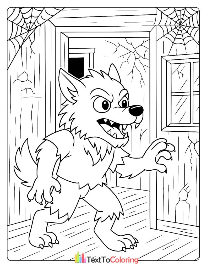 A werewolf with a torn shirt and angry eyes, standing in the doorway of an old, broken-down cabin.