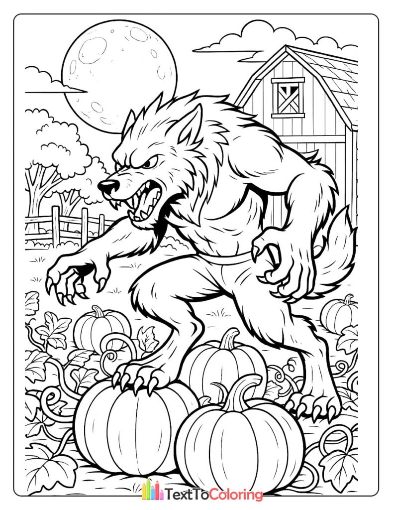 A werewolf with torn pants, crouching in a pumpkin patch with a barn and full moon in the background.