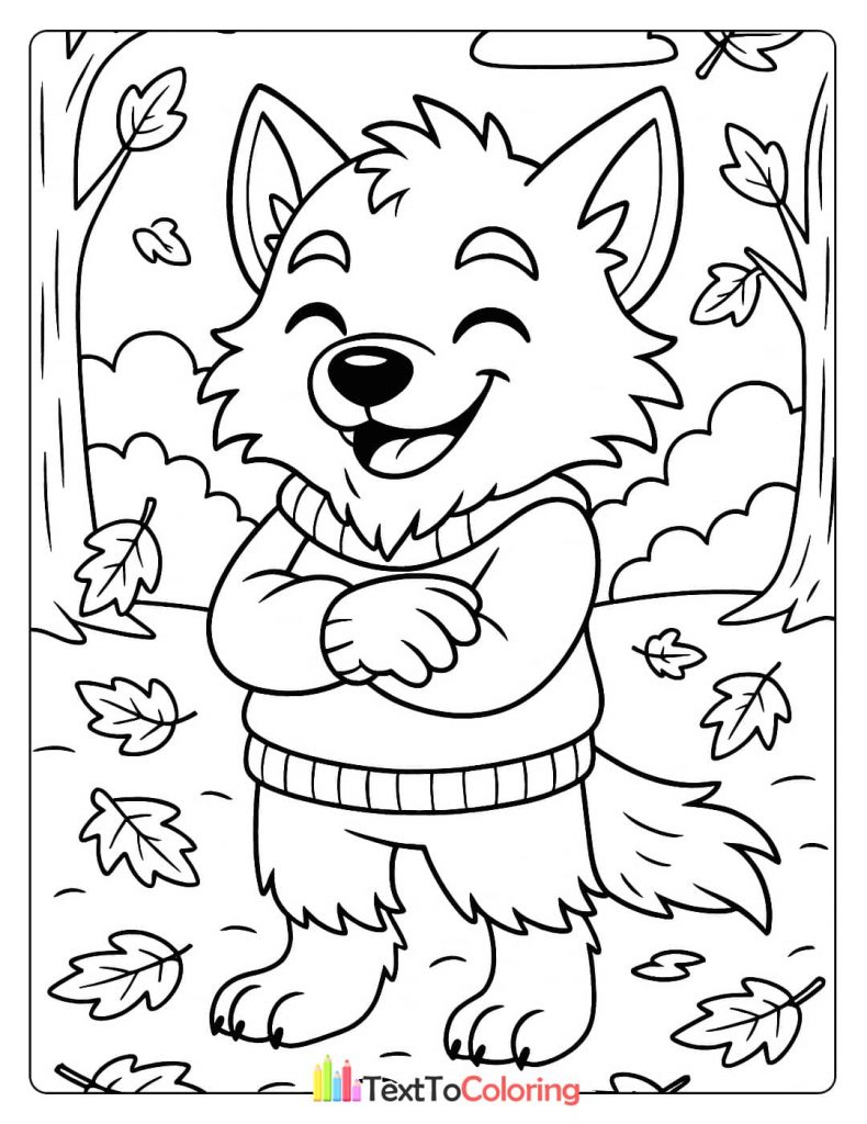 A cute werewolf wearing a sweater, smiling and standing among fallen autumn leaves.