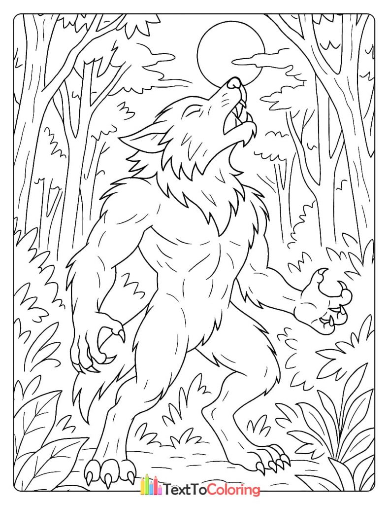 A powerful werewolf standing in a dense forest, howling with its head tilted back.