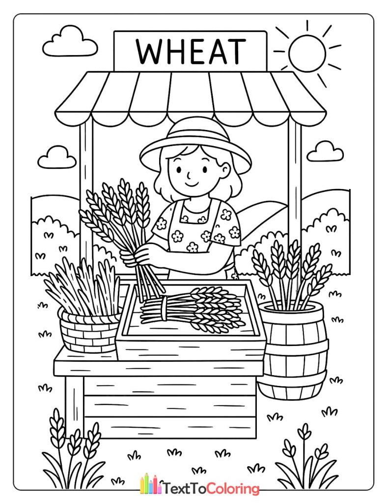 A printable coloring page of a female farmer selling bundles of wheat at her market stall.