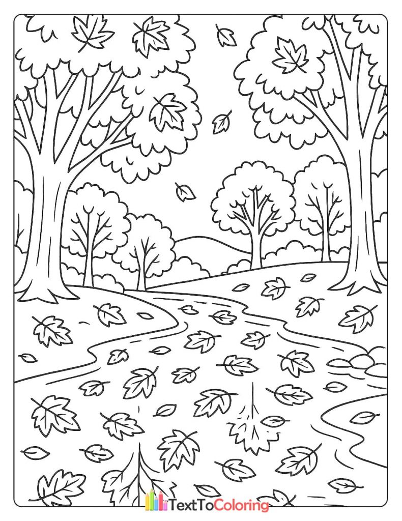 A coloring page of a forest scene with a winding path and many fallen leaves from the trees.