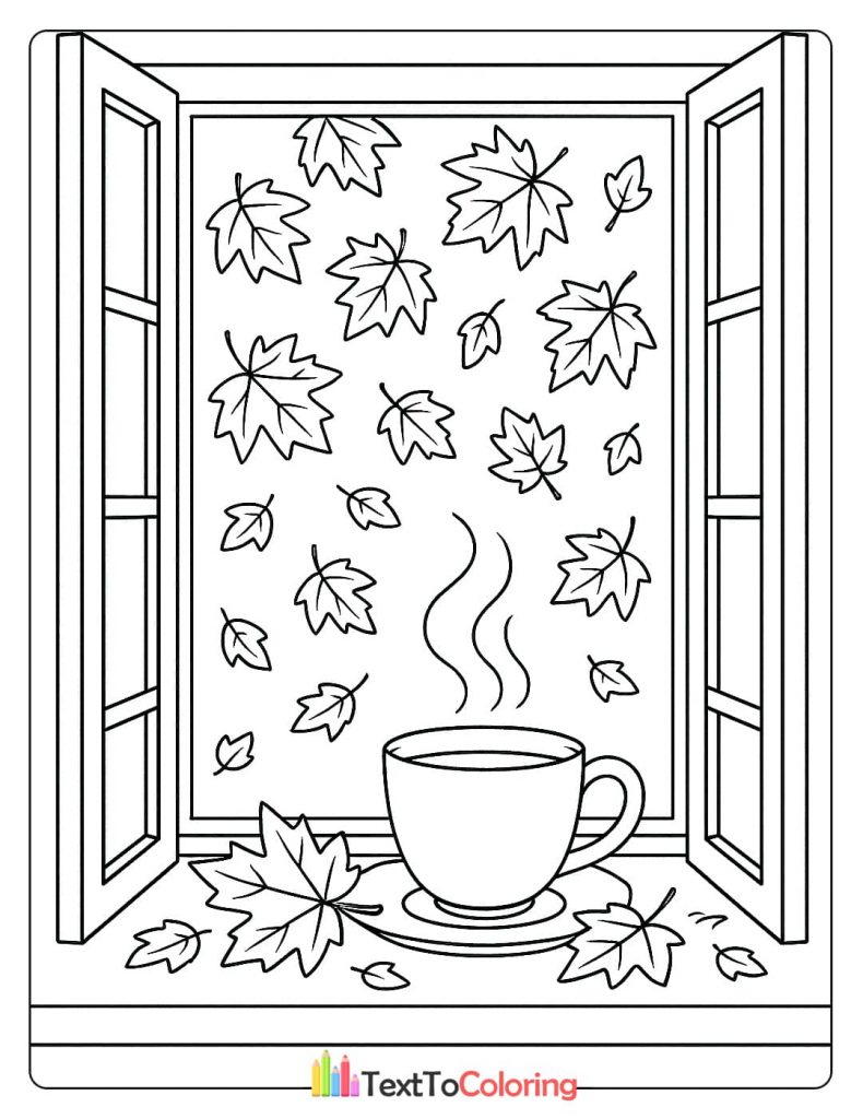 A cozy autumn scene coloring page showing a window with fall leaves and a steaming mug on the sill.