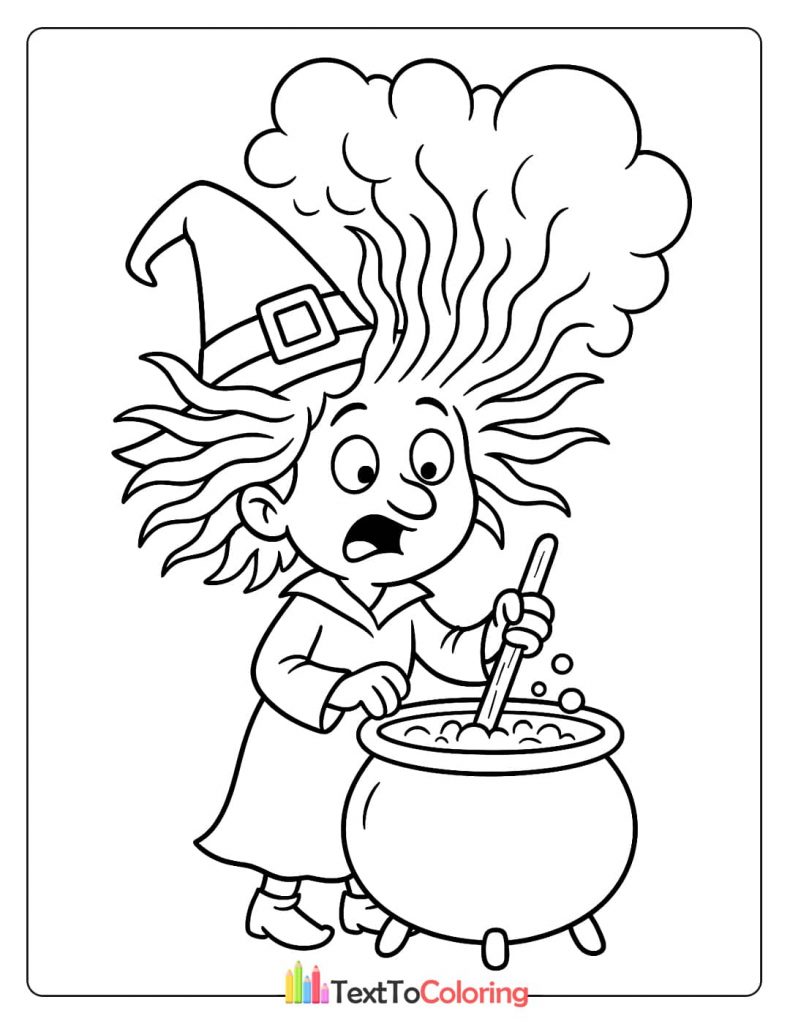 A shocked witch with wild hair, stirring a bubbling cauldron with a wooden stick.