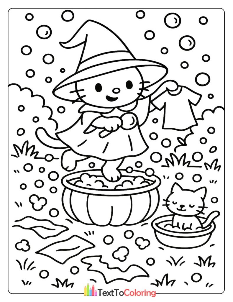 A cute witch cat standing in a pumpkin-shaped cauldron, washing laundry, with another cat in a small bowl nearby. Bubbles are flying in the air.