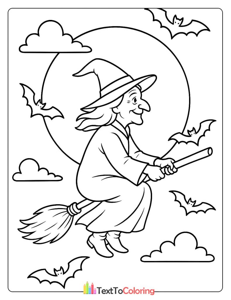 Smiling old witch flying on her broom in front of full moon and bats