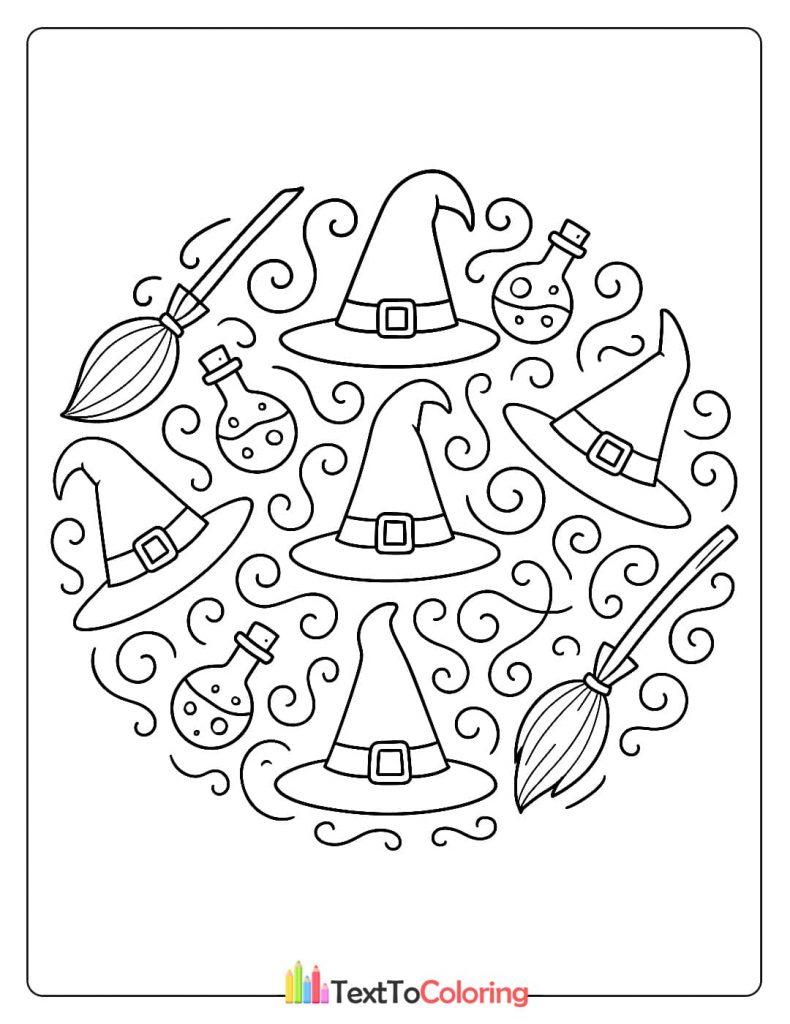 Mandala design with witch hats broomsticks and potion bottles