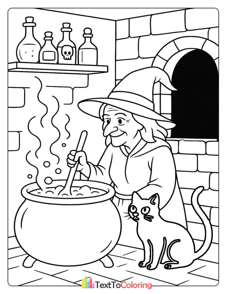 Halloween witch stirring a magic potion in her large cauldron with cat