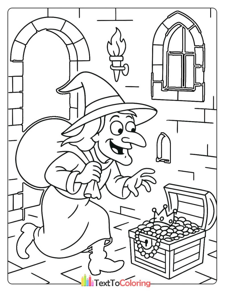 A sneaky witch with a long nose and a big sack, reaching for a crown in an open treasure chest in a dungeon.