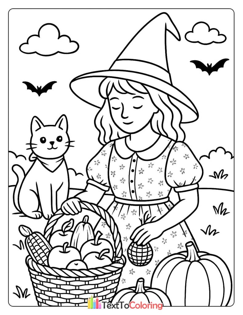 A witch with a basket of pumpkins and apples, accompanied by a friendly cat in a field.