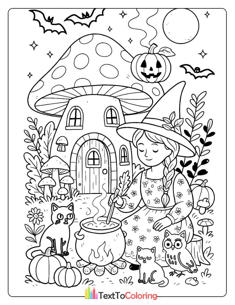 A witch with a braided pigtail stirs a cauldron next to her black cats and an owl in front of a mushroom house.