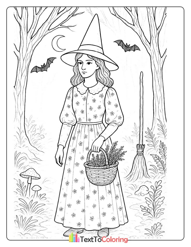 A witch in a flowered dress and pointed hat holding a basket of herbs in a forest with bats and a crescent moon.