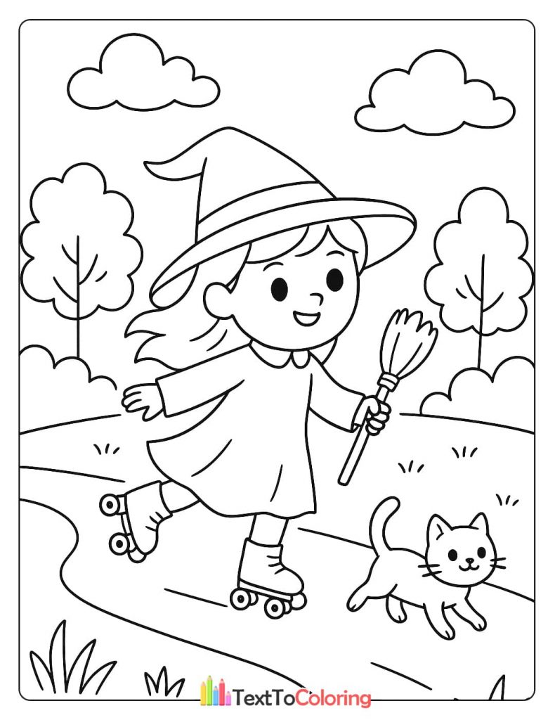 A little witch with a broomstick, roller skating with her cat on a path.