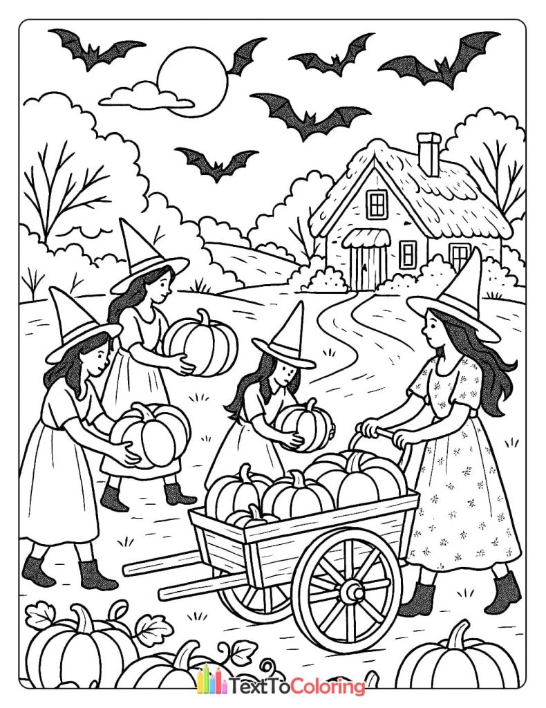 Witches in witch hats harvesting pumpkins and loading them onto a wagon.