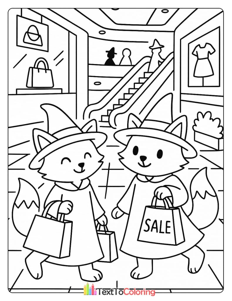 Two adorable foxes dressed as witches, carrying shopping bags in a mall.