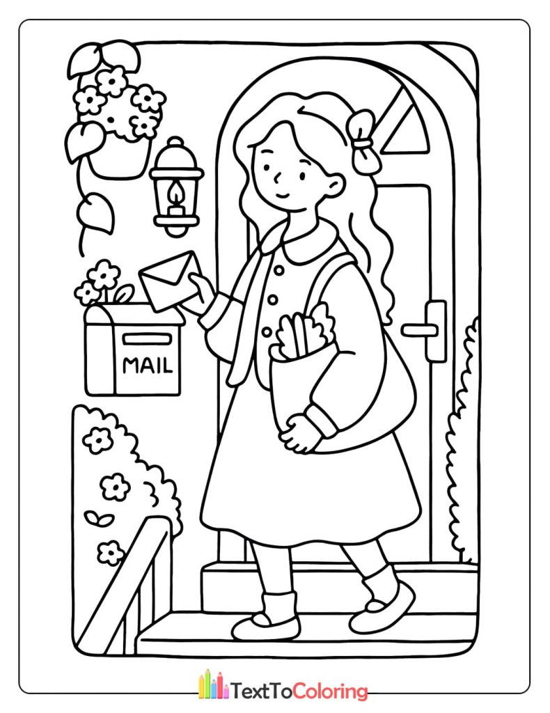A smiling woman takes an envelope from a mailbox outside her front door.