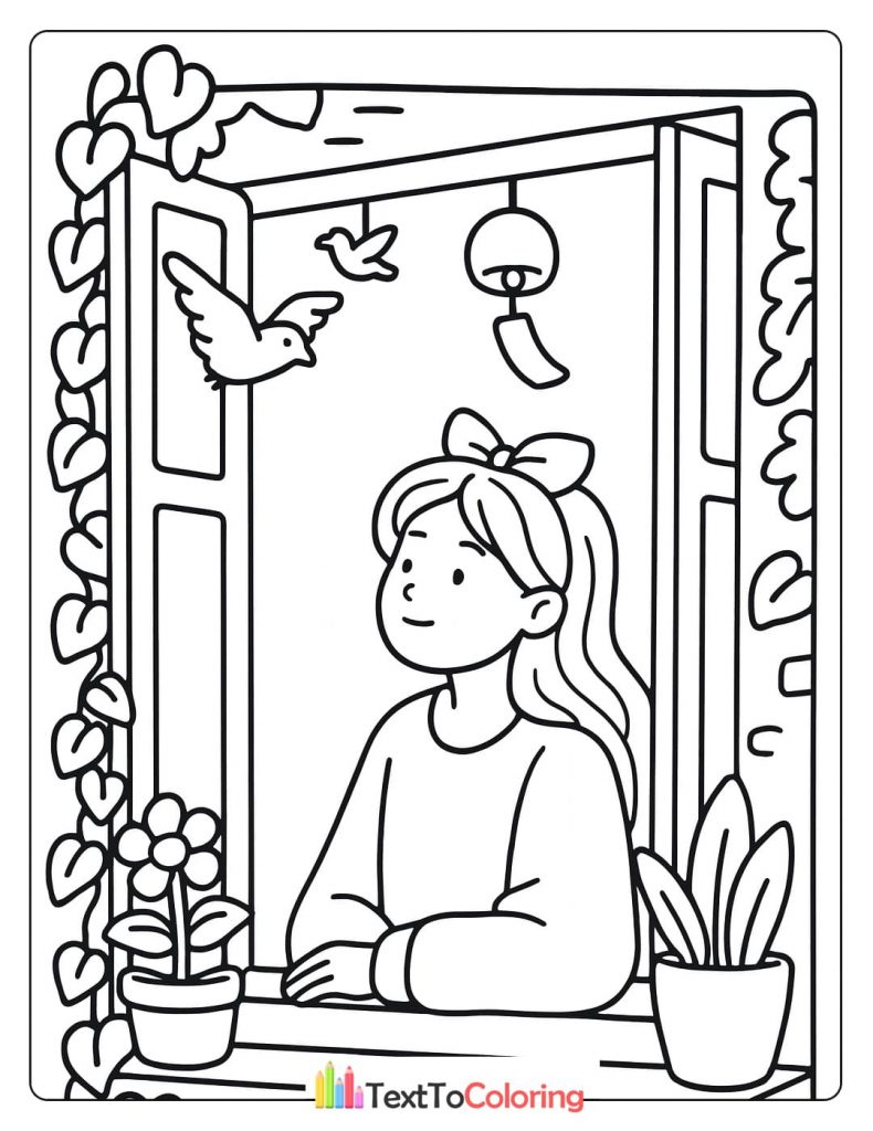 A woman with a ponytail looks out a window with plants and birds flying past.