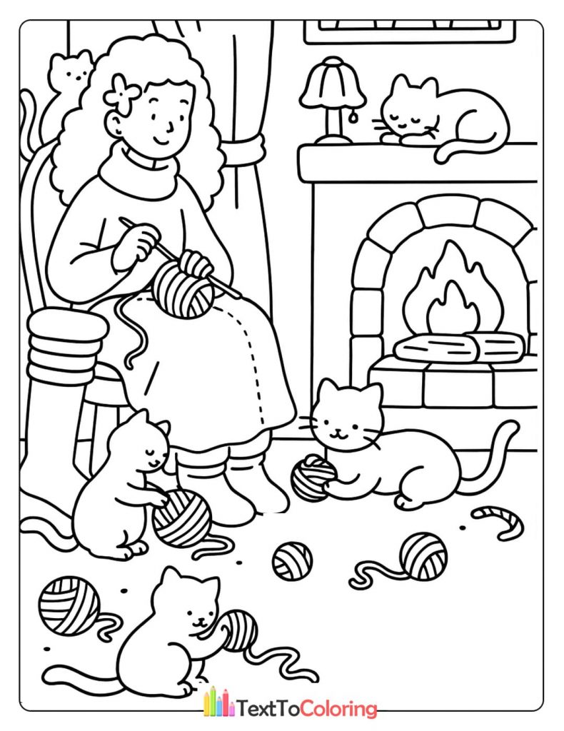 A person knits a scarf by a warm fireplace with several playful cats.
