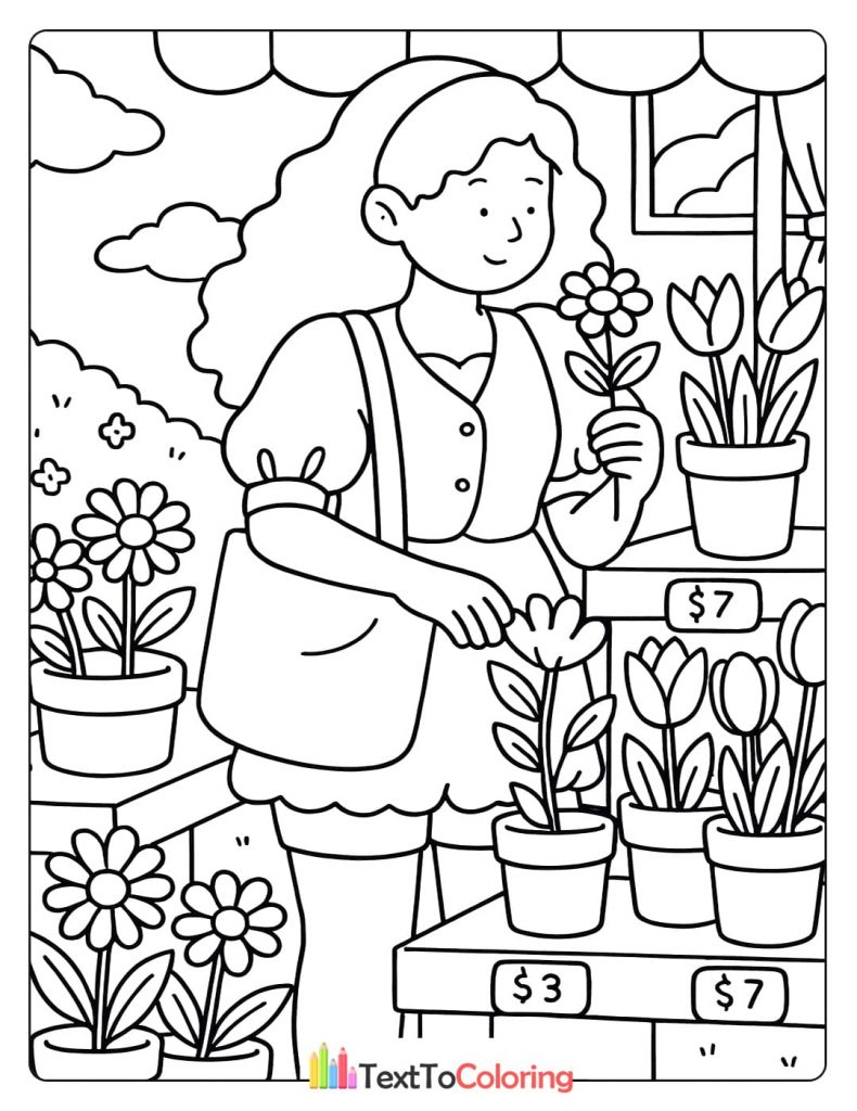 A woman holds a flower while browsing potted plants at an outdoor market.