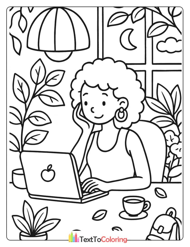 A person with curly hair works on a laptop at a desk surrounded by plants.