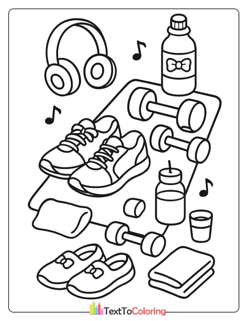 A fun fitness-themed coloring page with sneakers, a pair of dumbbells, a yoga mat, and a water bottle with a bow.