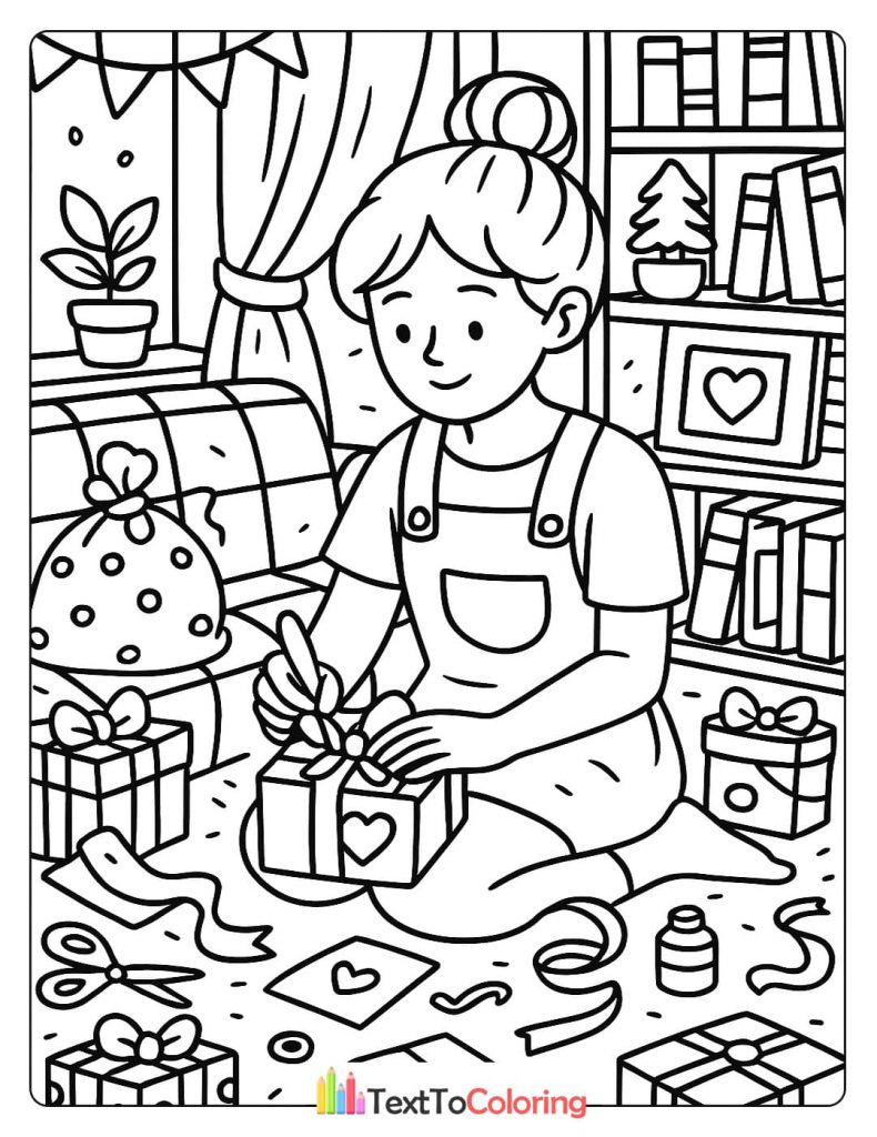 A girl sits on the floor and wraps a present, surrounded by gifts and ribbons.