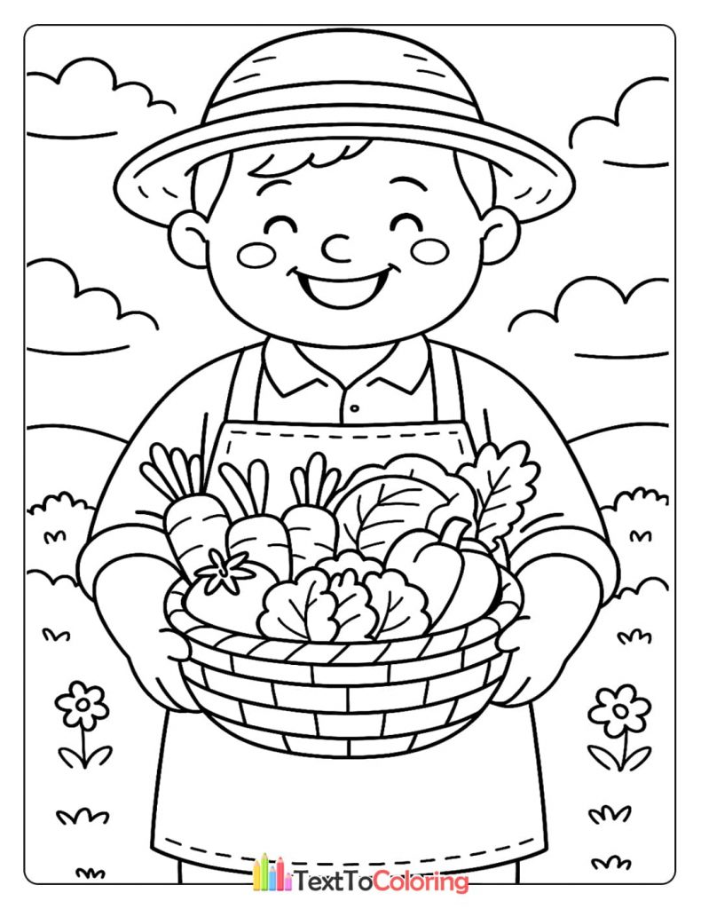 A printable coloring page of a smiling young farmer in a straw hat holding a full basket of fresh carrots, cabbages, and other vegetables.