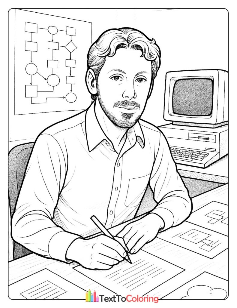 A coloring page of a younger Larry Ellison working at a desk with an old computer and flowcharts on the wall.