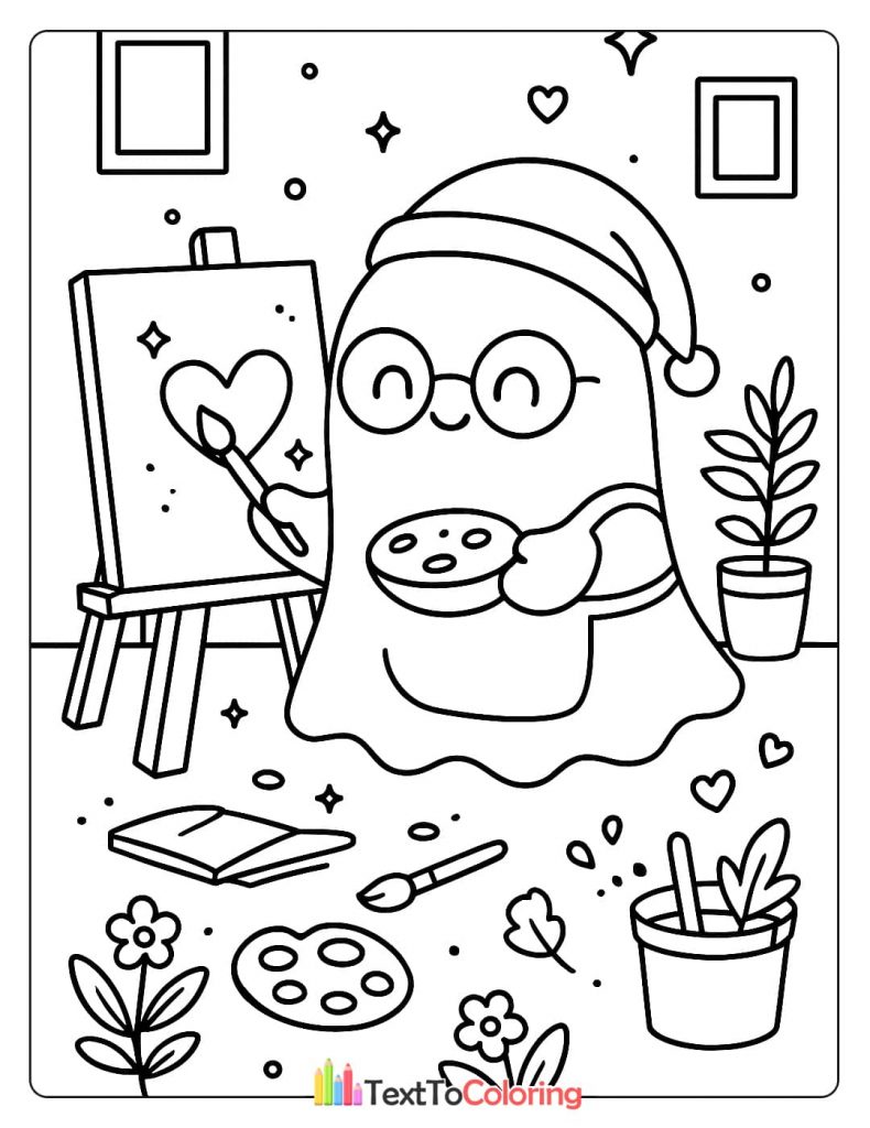 Cute ghost with a santa hat and glasses painting a heart on an easel holding a palette