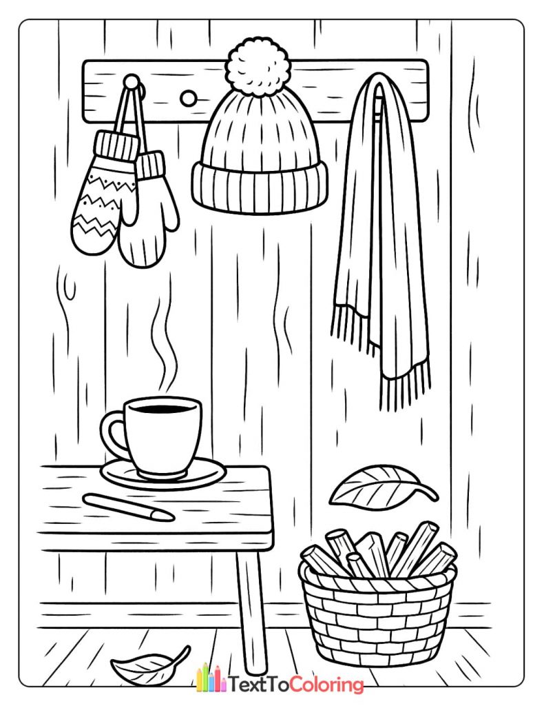 Coat rack with knit hat mittens scarf hot drink and wood basket with logs coloring page