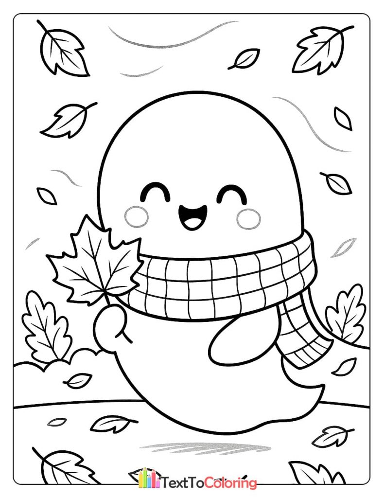 Cute ghost wearing a scarf holding a maple leaf surrounded by falling autumn leaves