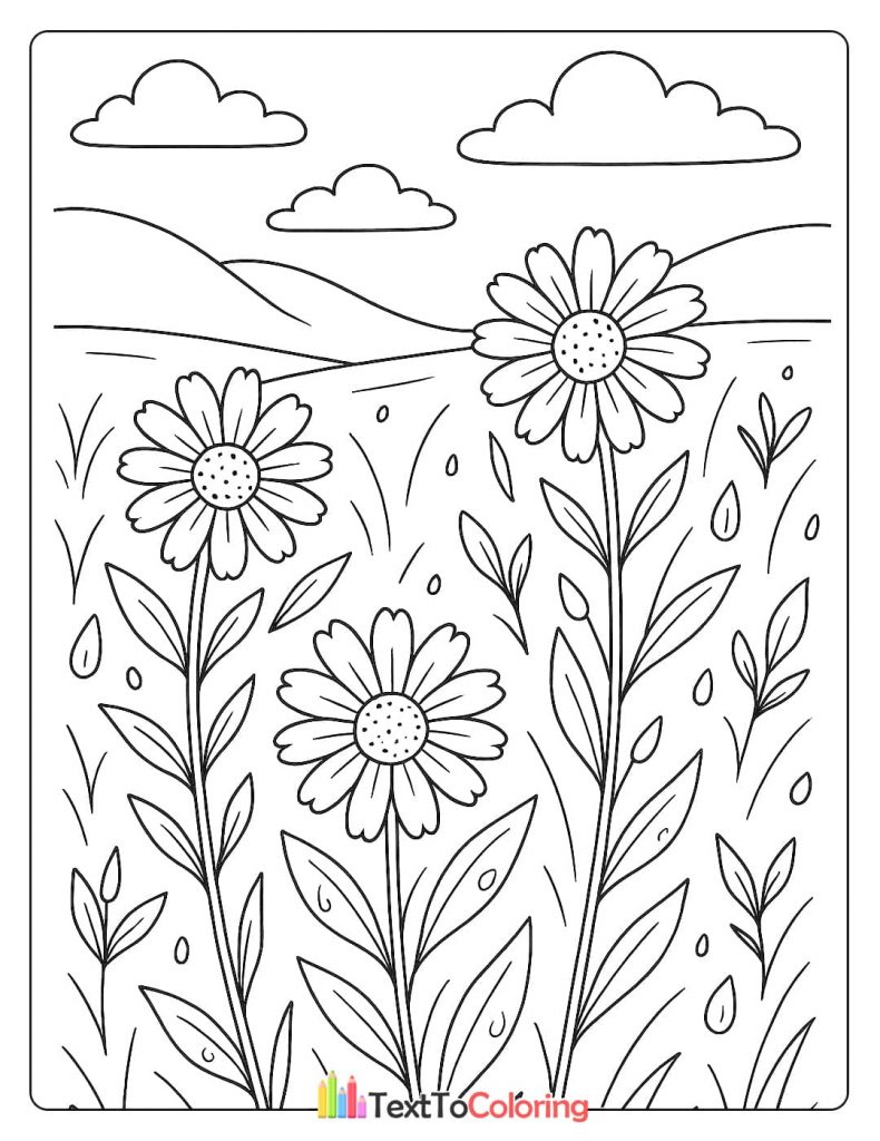 Three large autumn flowers in a grassy field with hills and clouds in the background coloring page