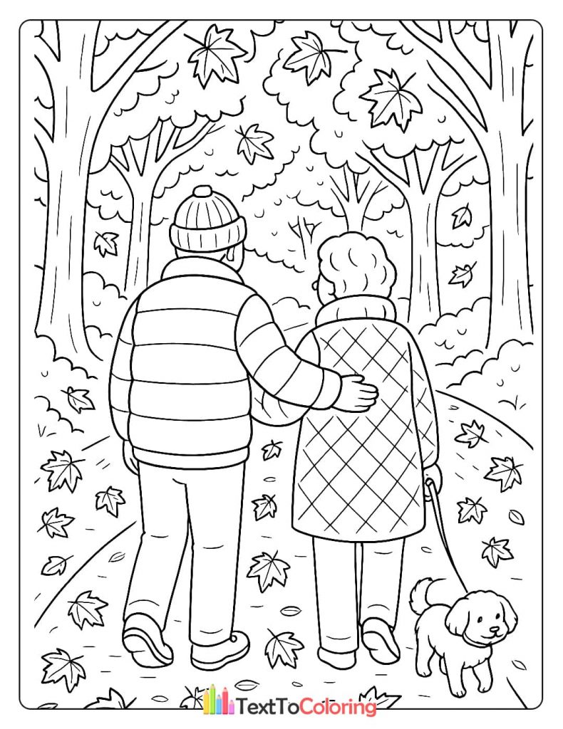 Couple walking dog in autumn forest falling leaves coloring page