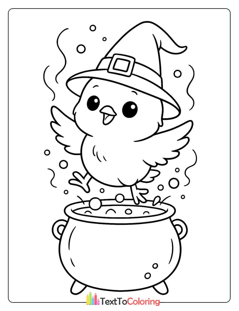 Sweet baby chick in a witch hat flying out of a bubbling cauldron Halloween coloring sheet