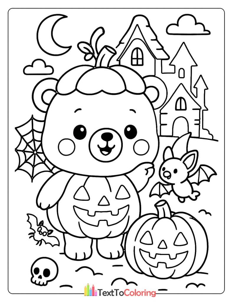 Cute bear wearing a pumpkin hat and pumpkin costume in front of a haunted house with bats Halloween coloring