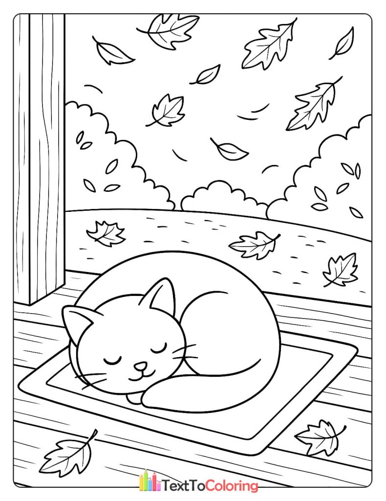 Cute cat curled up sleeping on rug outdoor porch falling autumn leaves coloring page