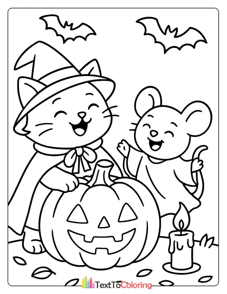 Happy witch cat and ghost mouse carving a jack o lantern together with a candle Halloween coloring
